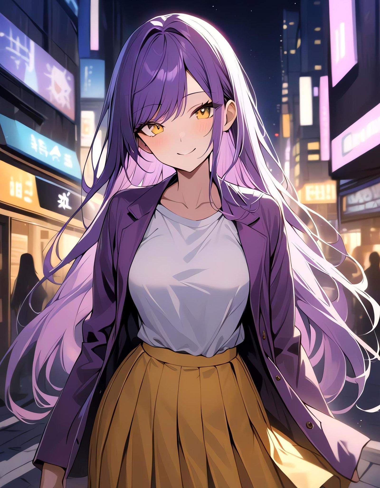 Woman with Purple Hair on City Street at Night