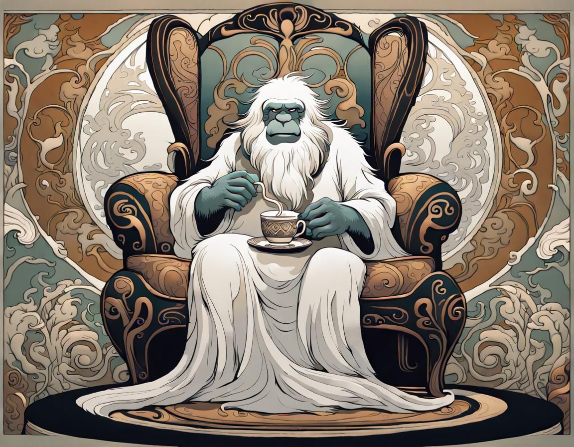Yeti's Serene Tea Ritual in Art Nouveau Style