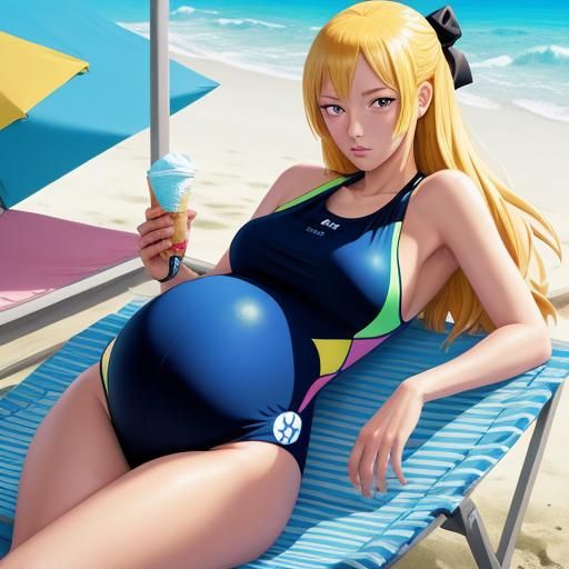 Pregnant Woman Relaxing on Beach in Anime Style