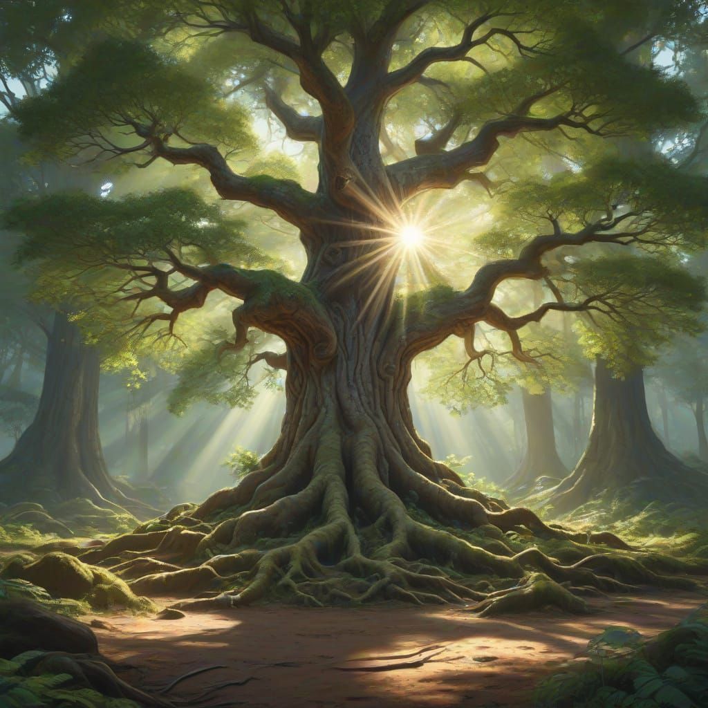 Lush Forest Scene with Ancient Tree: Oil Painting