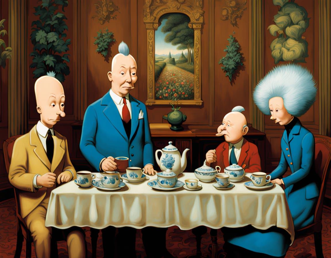 Elderly Men in Disguise as Potted Plants in Luxurious Study