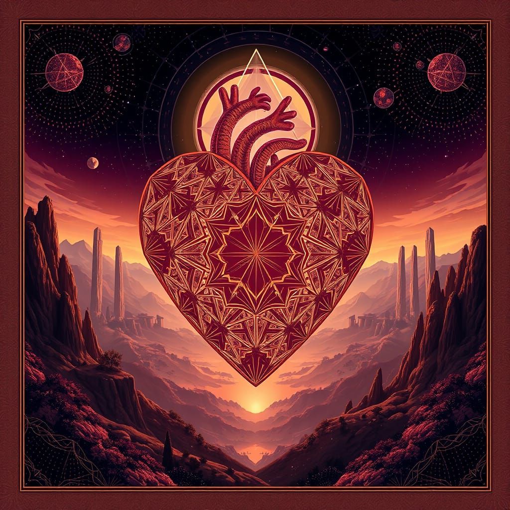 Inverted Heart with Geometric Patterns and Light Pillars