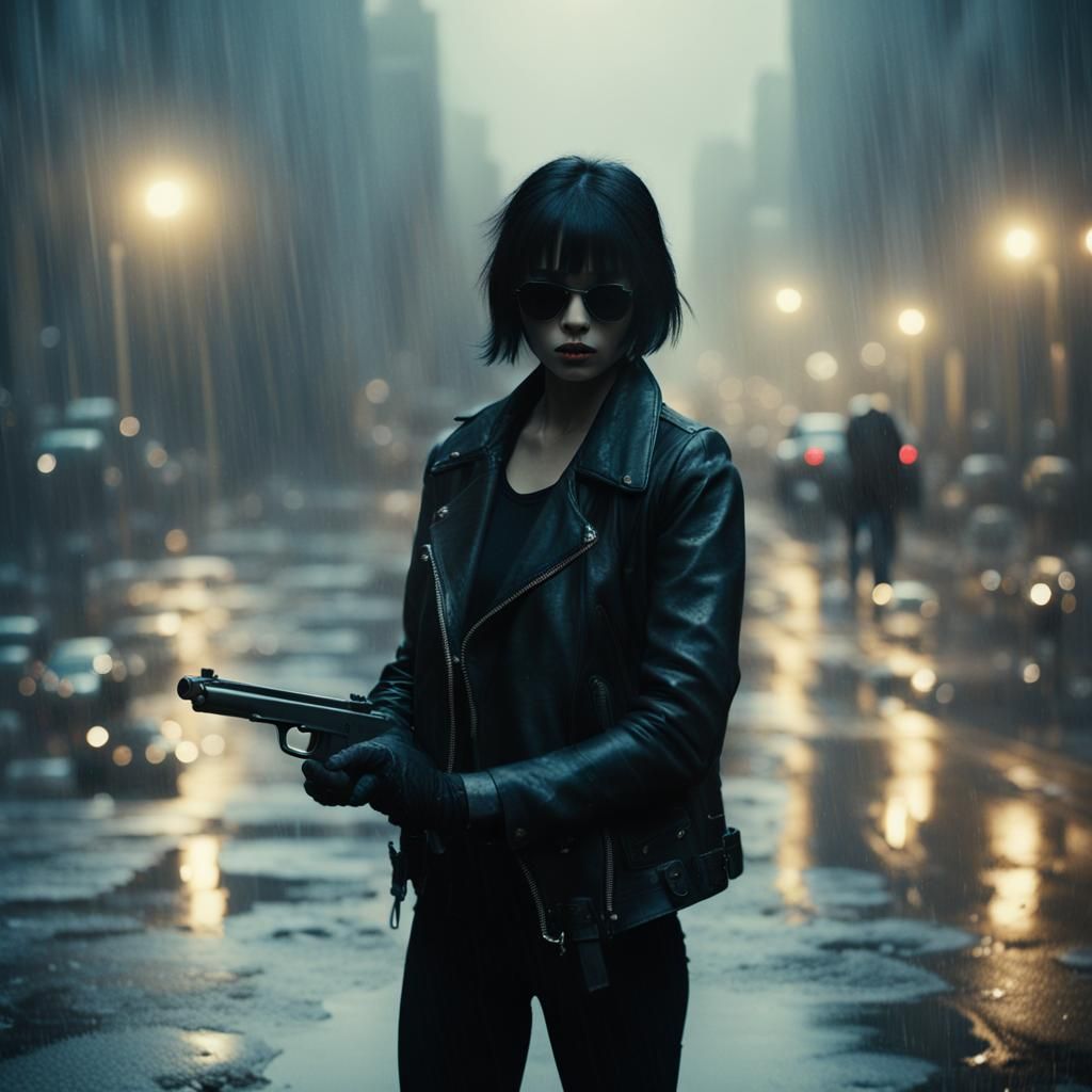 Atmospheric Film Still of Girl in Foggy Street