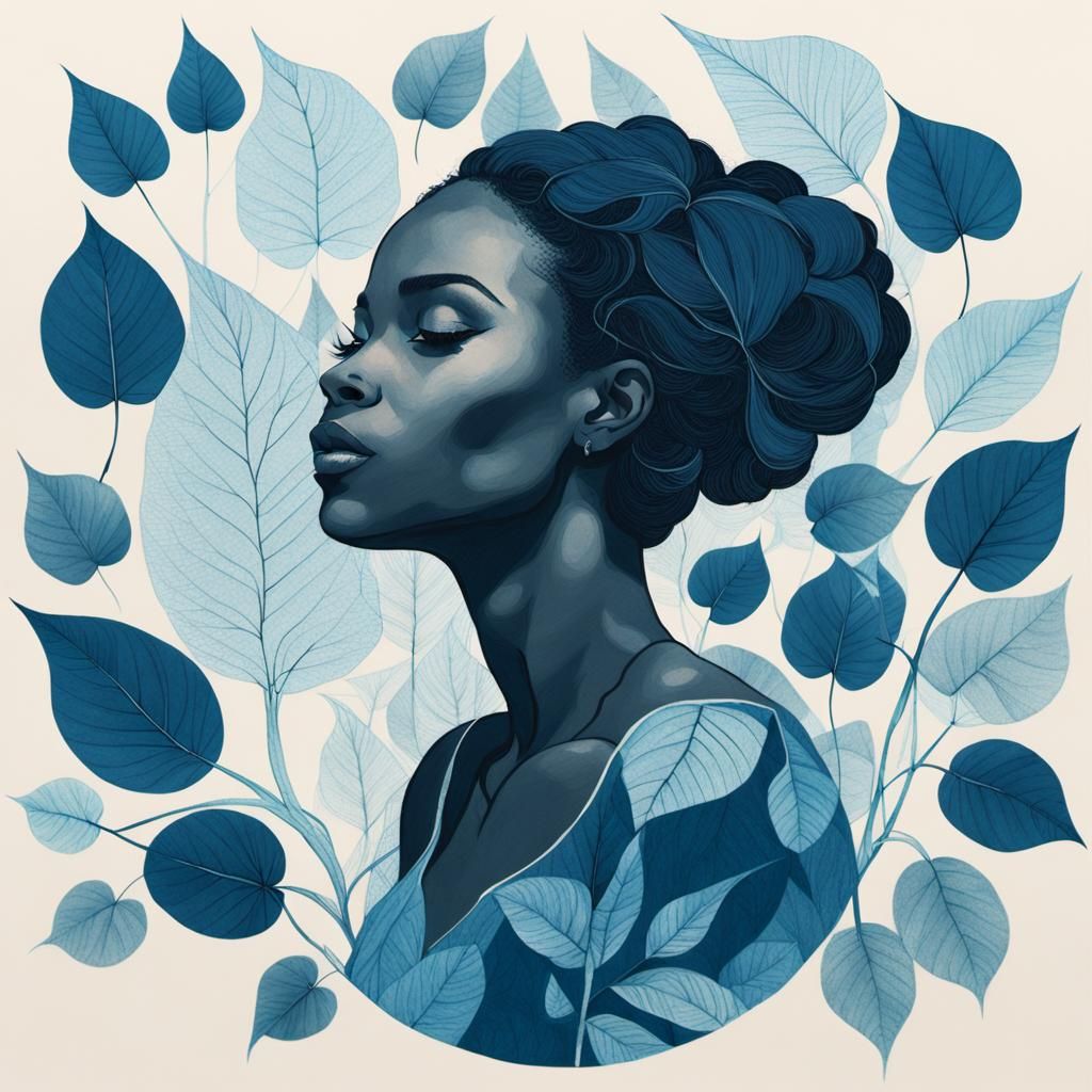Girl on Leaf in Ethereal Cyanotype Style