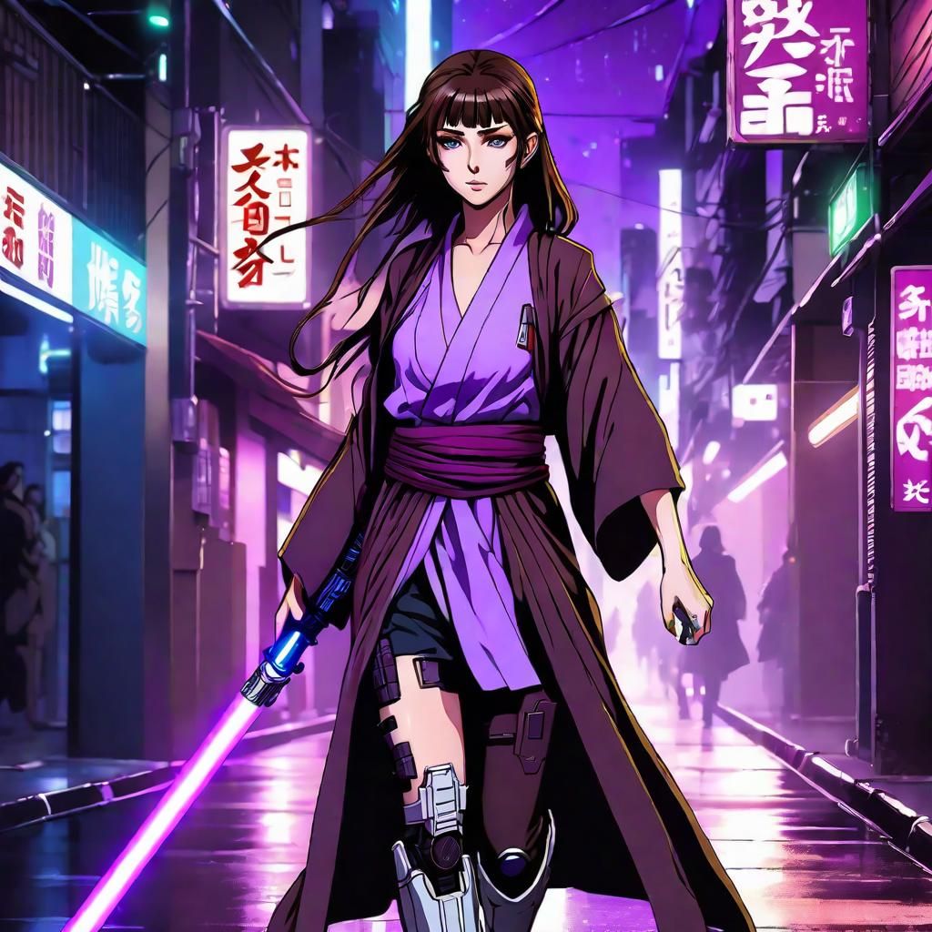 Cyberpunk Jedi Woman with Lightsaber in Anime Style
