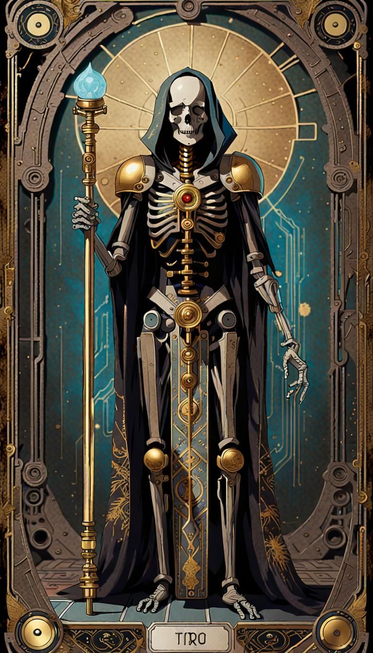 Cybernetic Death Tarot Card with Gold Accents