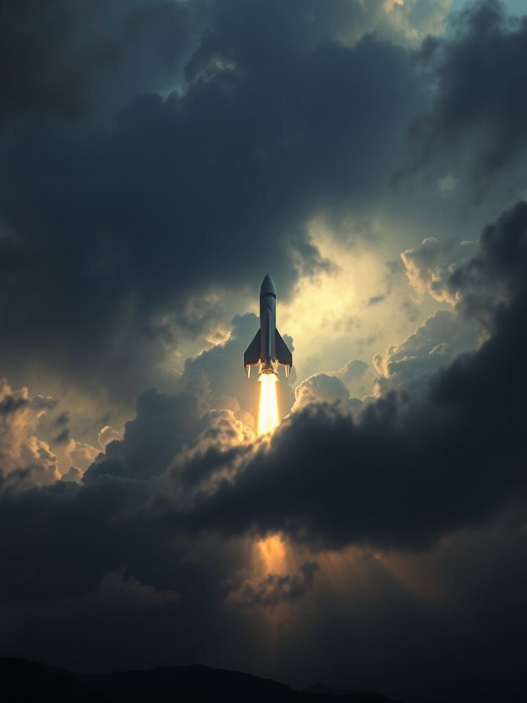 Rocket Ship Pierces Ominous Clouds in Surreal Style