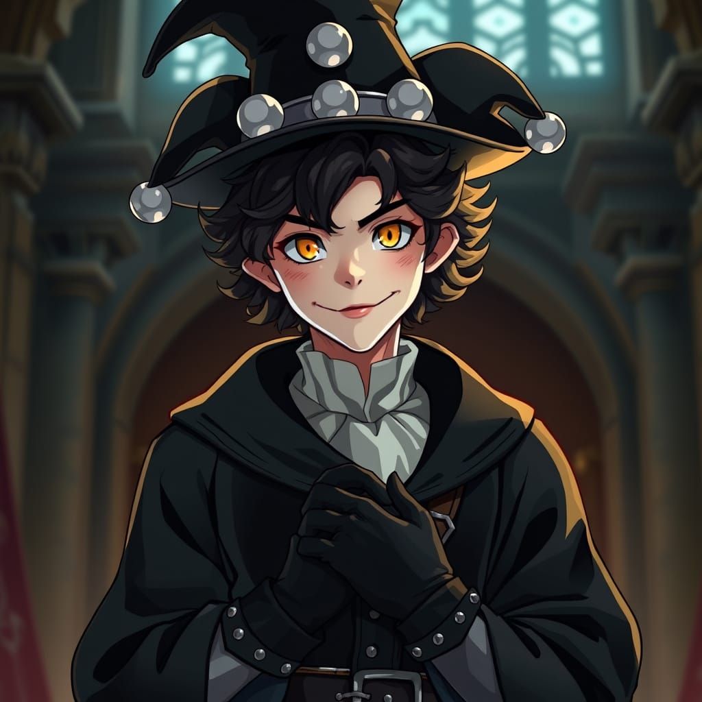 Charismatic Amber-Skinned Clown in Medieval Setting