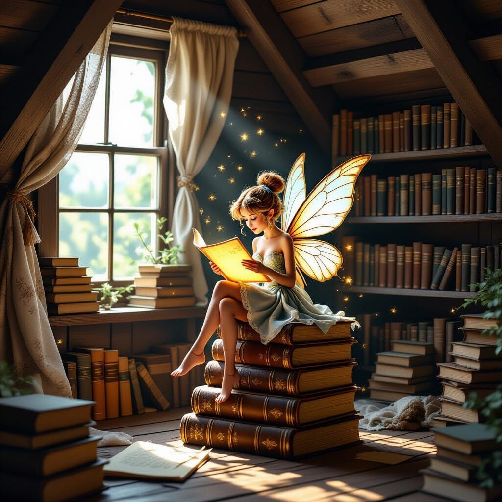 Fairy Reading Scroll in Cozy Attic Room