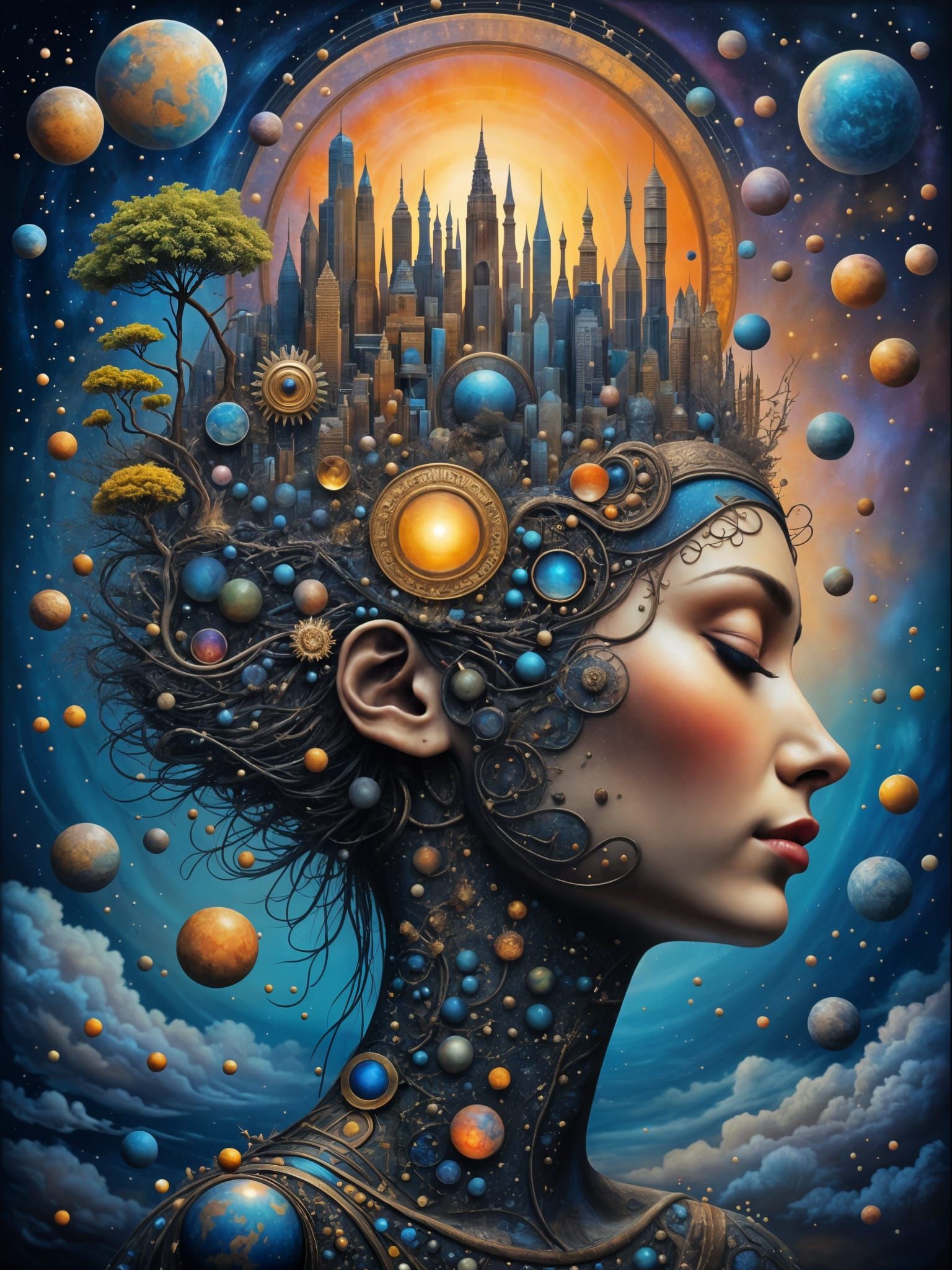 Mechanical Woman's Face Transforms into Cosmic Cityscape