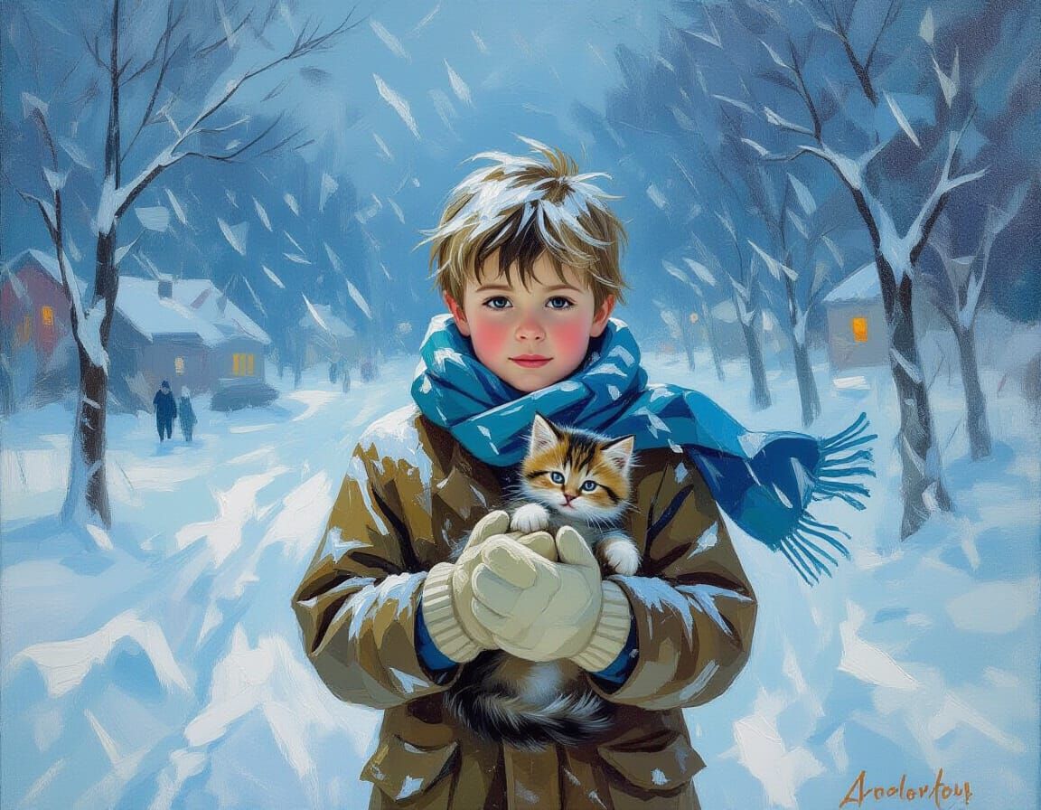 Boy Shelters Kitten in Snowy Impressionist Oil Painting