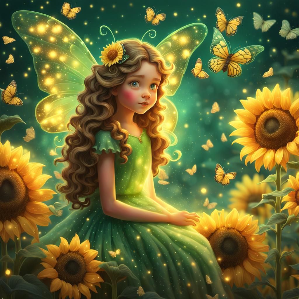 Butterfly Girl on Sunflower in Whimsical Cartoon Style