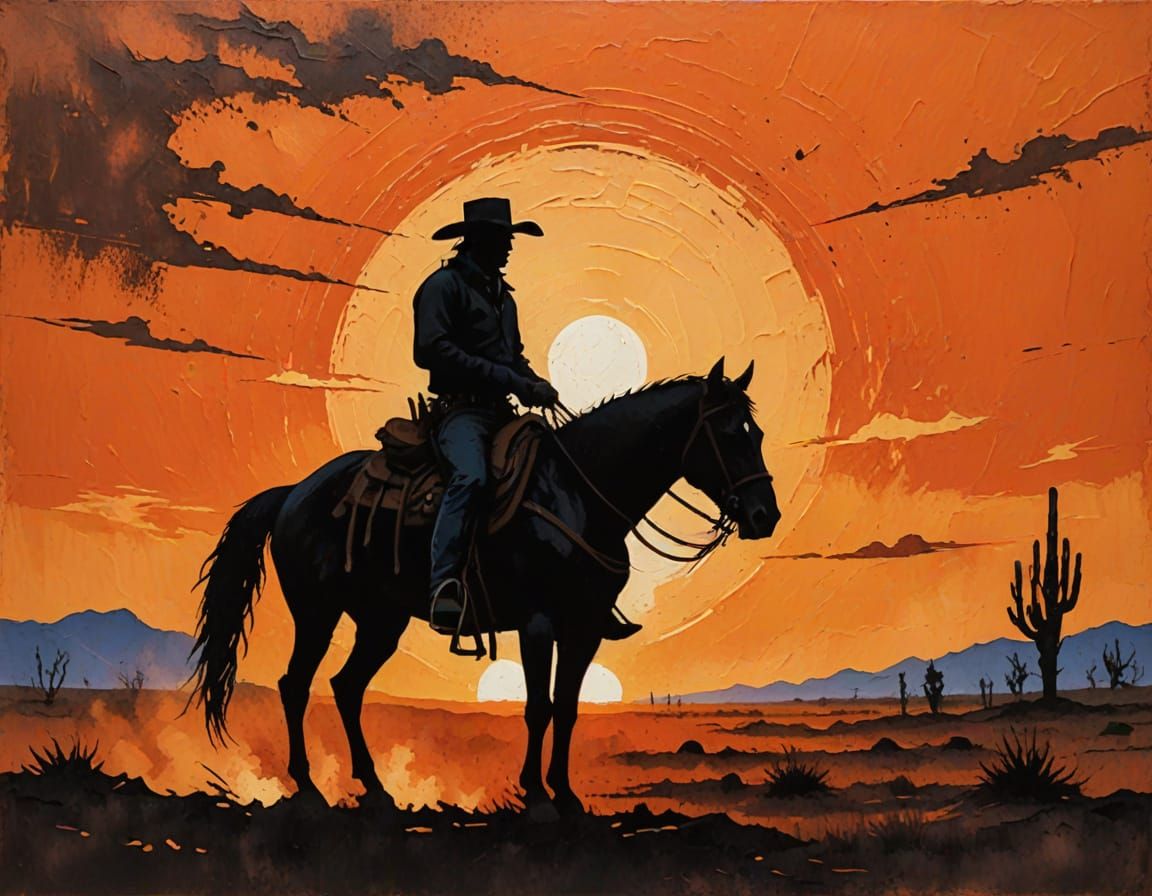 Lone Cowboy Silhouette at Sunset in Impasto Style