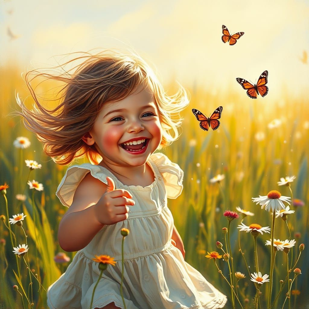 Joyful Child Chasing Butterflies in Sunlit Meadow