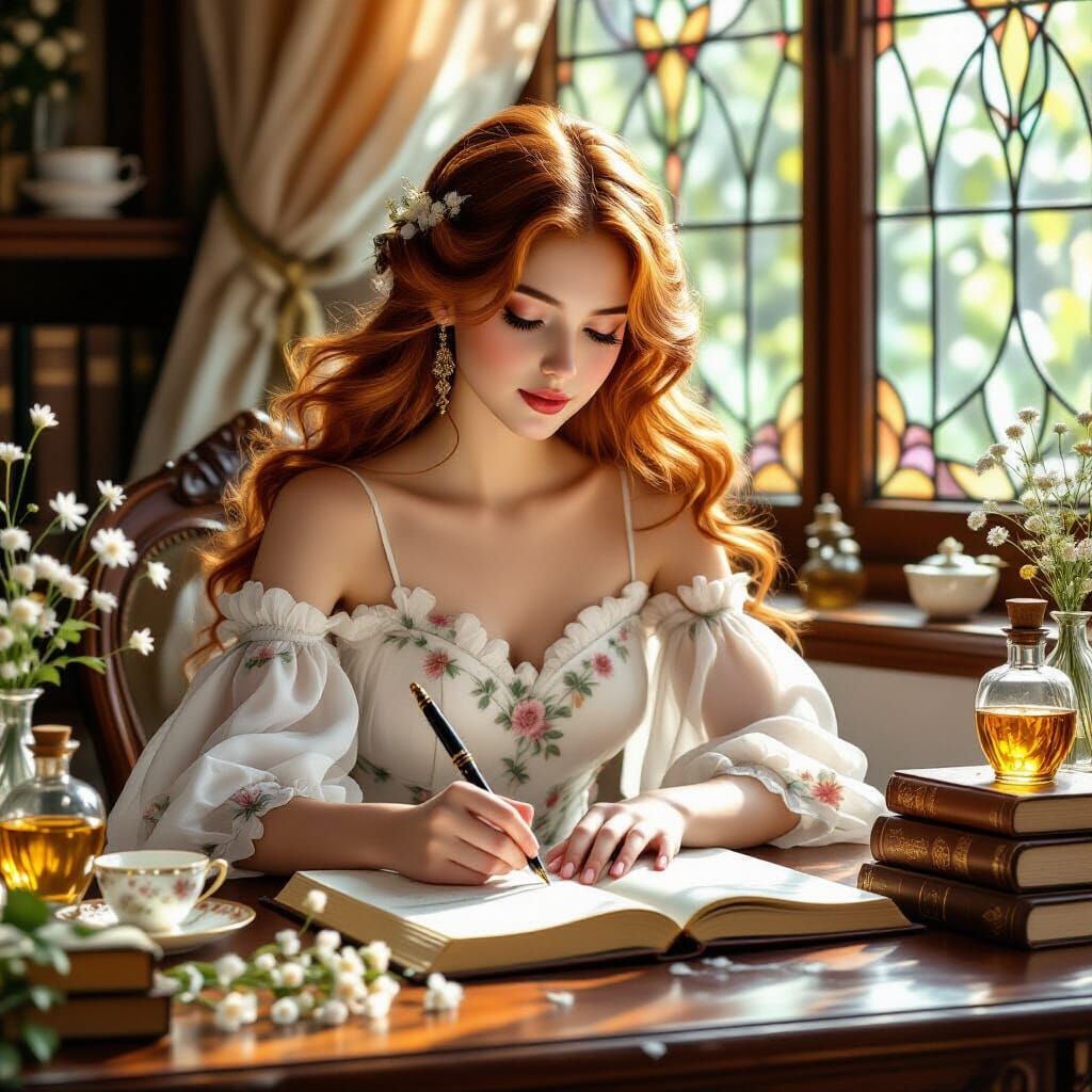 Art Nouveau Girl Writing with Floral Motifs