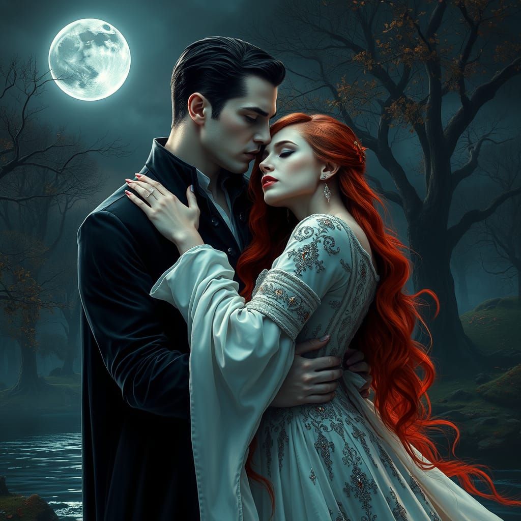 Ethereal Vampire and Sorceress Embrace by Moonlight