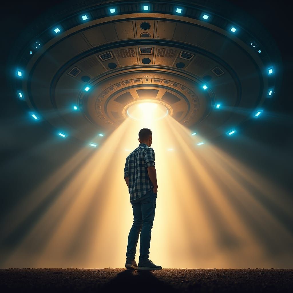 Man Lifted by UFO Energy in Hyperrealistic Scene