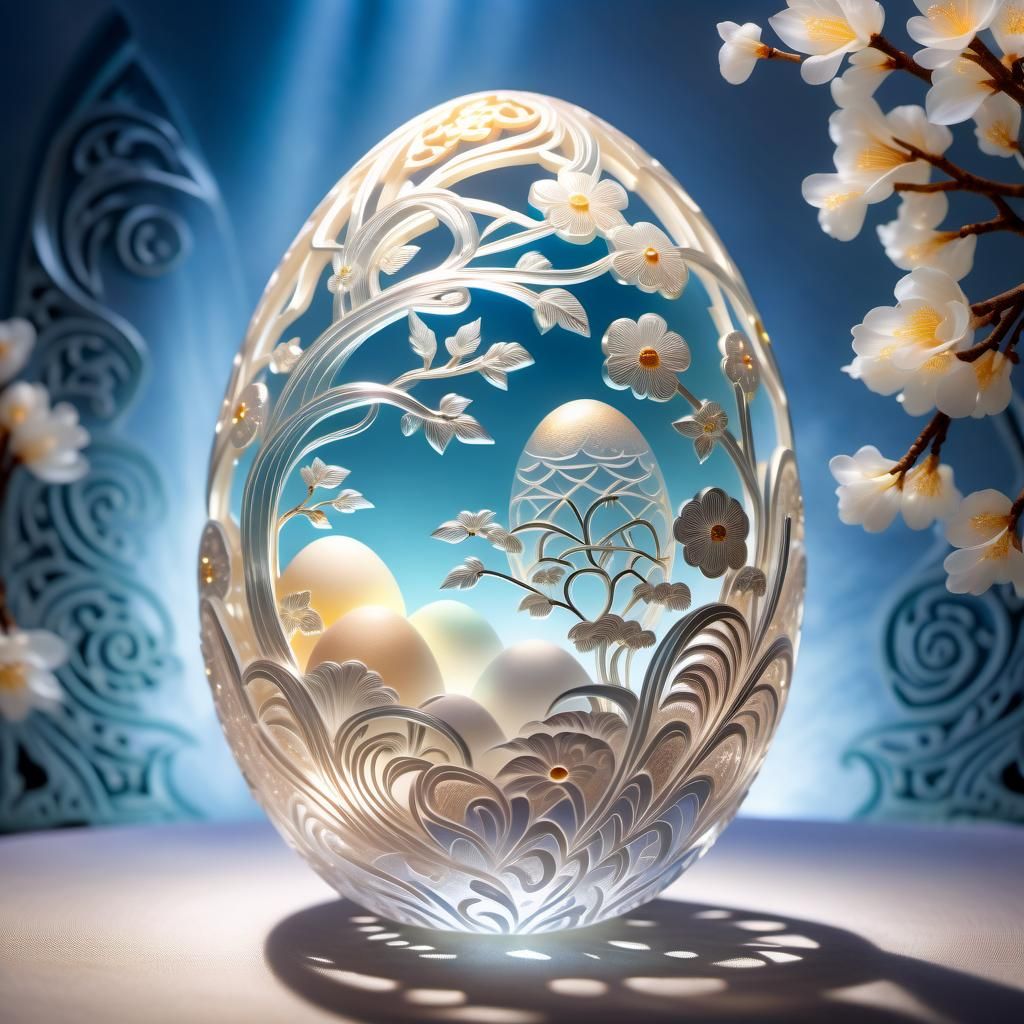 Illuminated Carved Egg with Asian Design in Hyperrealism