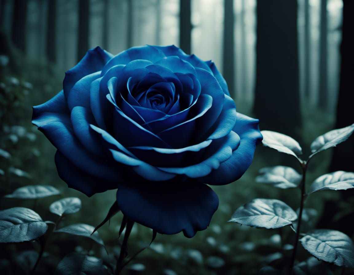 Glowing Blue Rose in Dark Forest: Hyperrealistic Photography