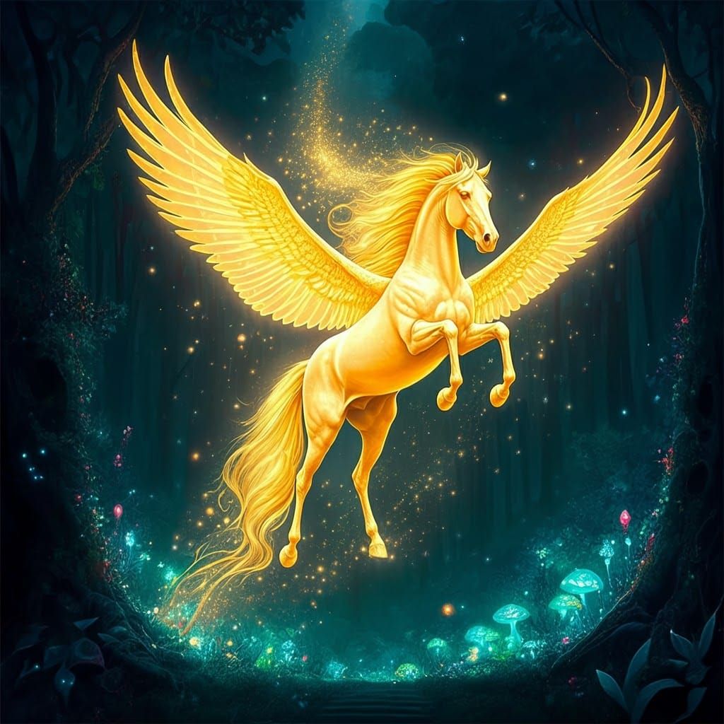 Luminous Pegasus Soaring Over Enchanted Forest