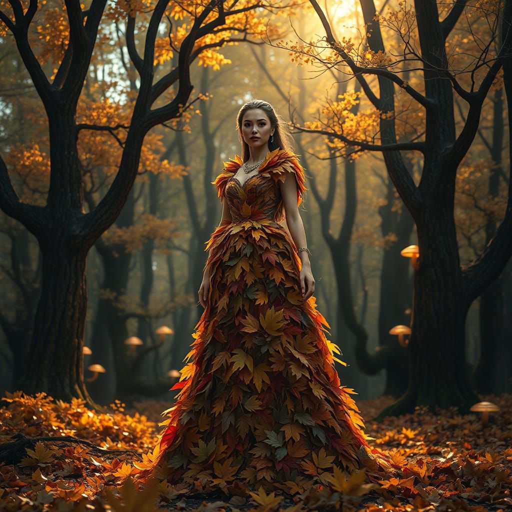 Autumn Queen in Leafy Gown, Surrounded by Nature's Splendor