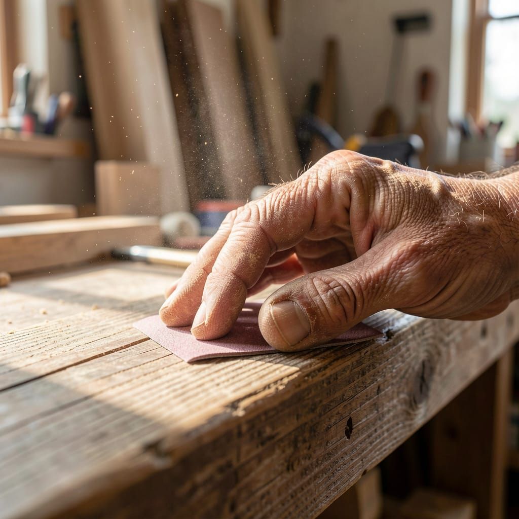 Carpenter's Hand Sanding Wood in Hyperrealistic Detail