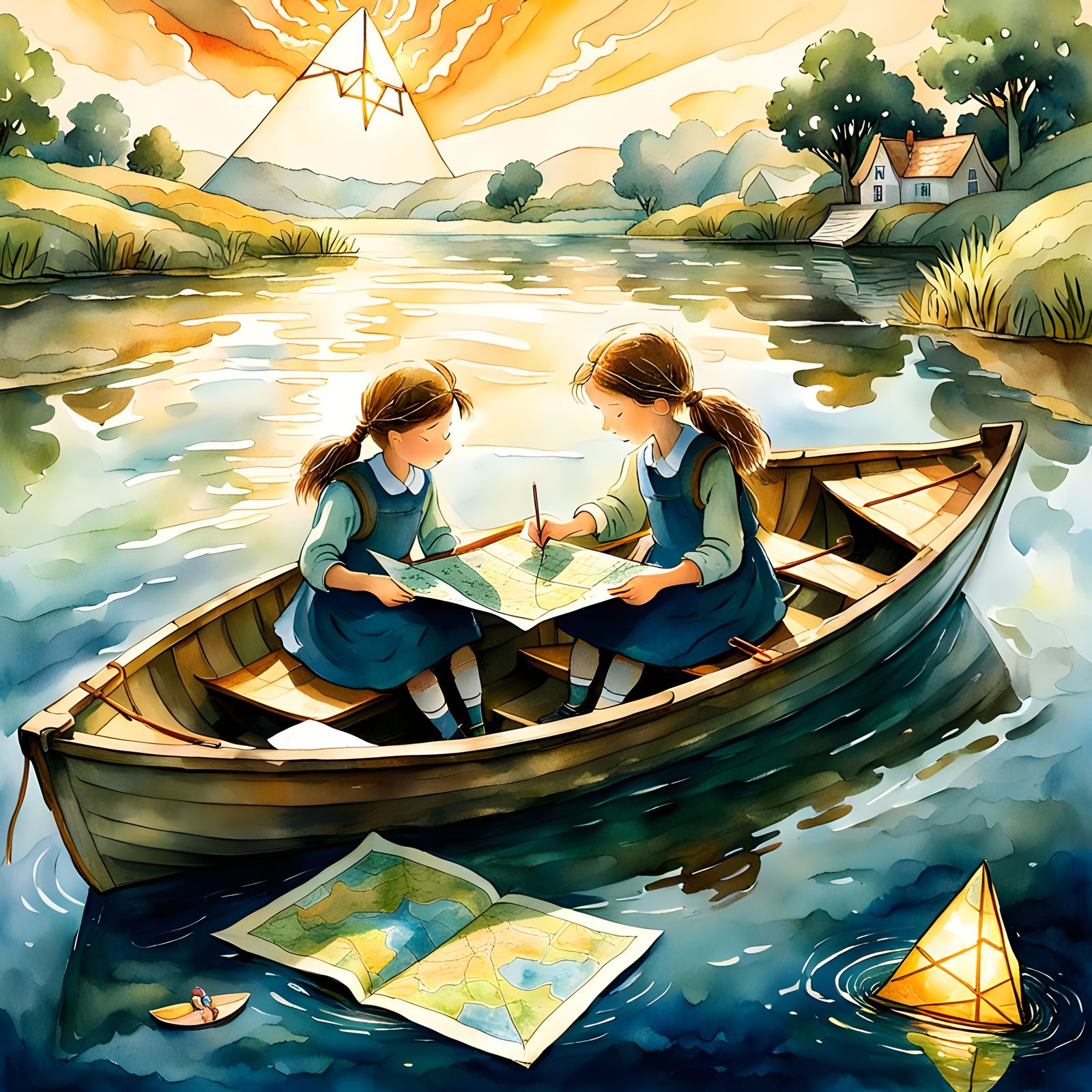 Girls Discovering a Triangular Map by Boat