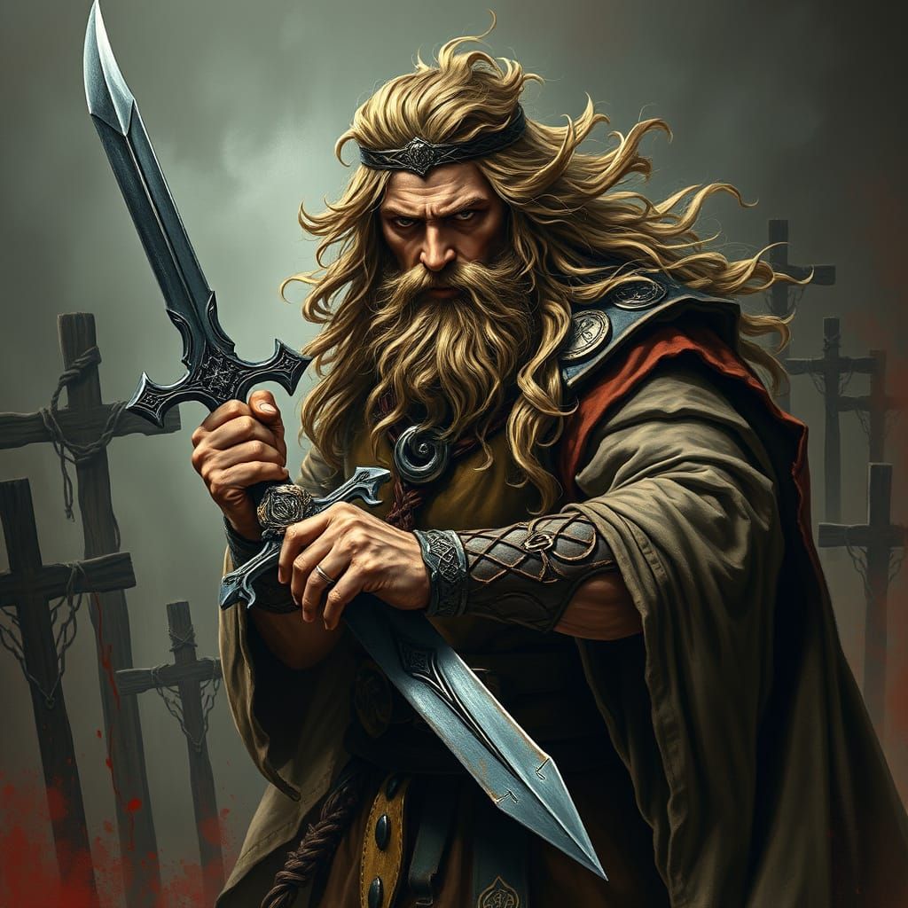 Celtic King with Sword on Dark Battlefield