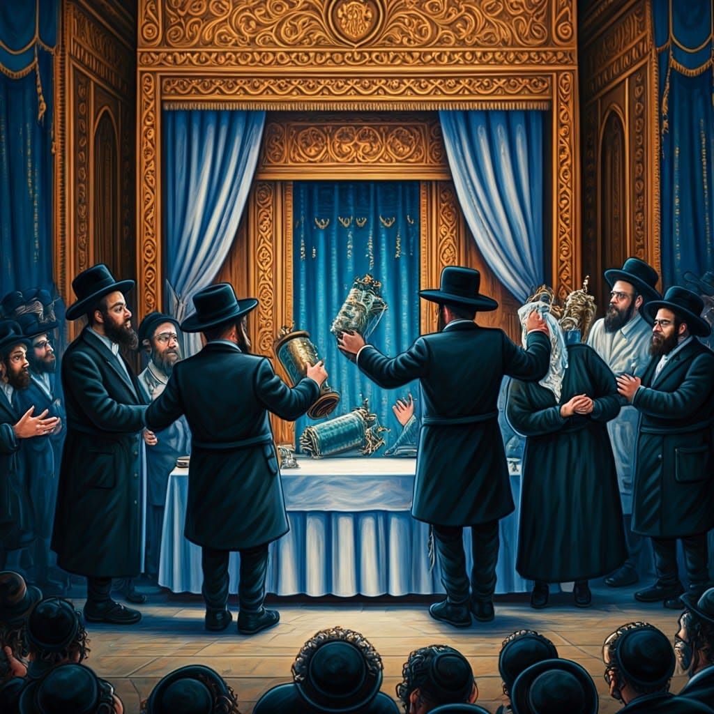 Haredi Jews Celebrate with Torah Scrolls: Chagall Style