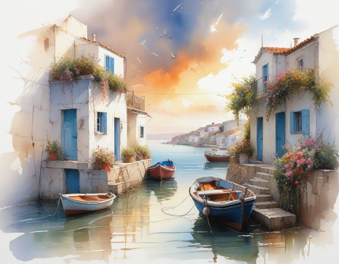 Fishing Village at Dusk: Boats, Whitewashed Houses, and Past...