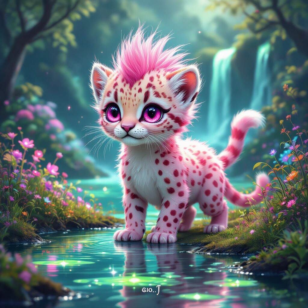 Ethereal Pink Alien Cub Beside Bioluminescent Pond