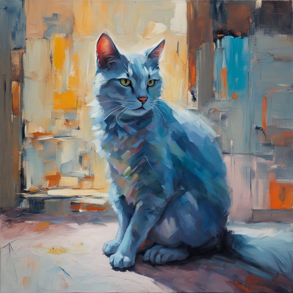 Whimsical Blue Cat in a Dreamy Interior Scene, Impressionist...