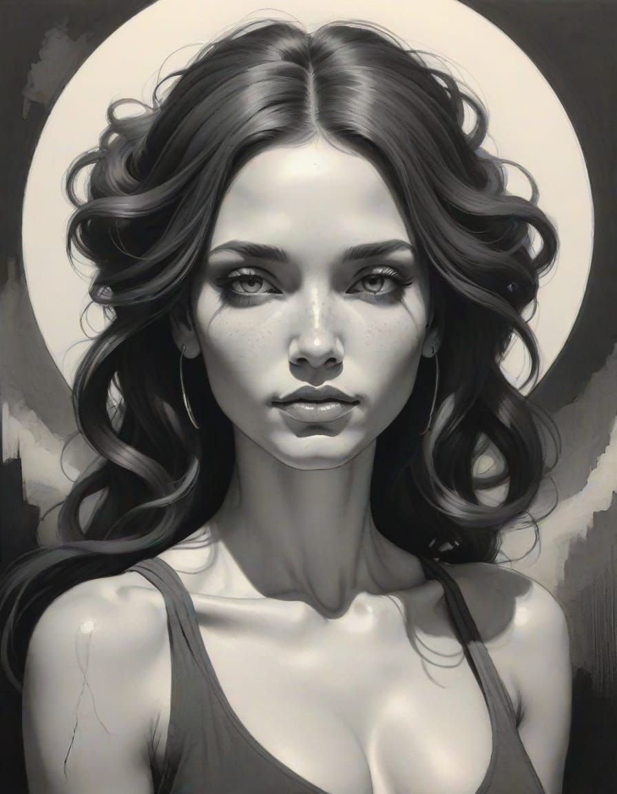 Elegant Woman in Charcoal Drawing with Bold Contrasting Colo...