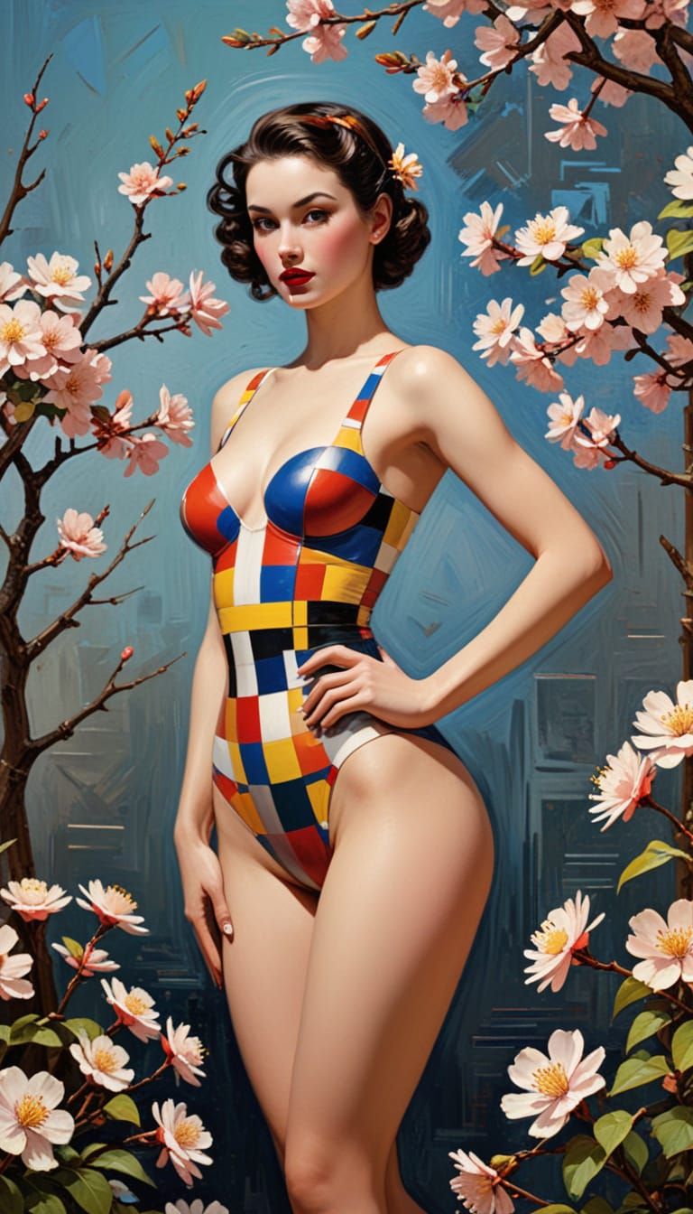 Vintage Pin-Up in Abstract Geometric Cherry Blossom Garden
