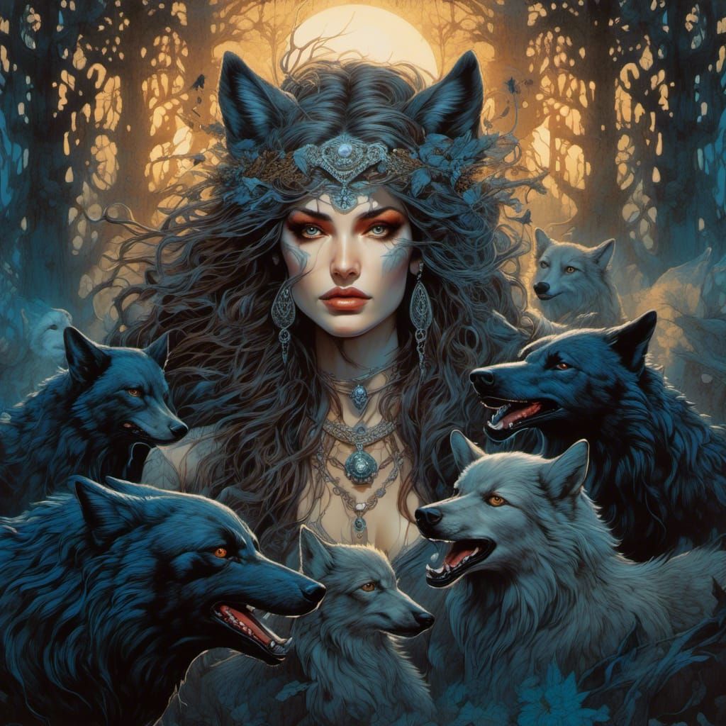 Wild Witch Commands Wolf Pack in Moonlit Forest