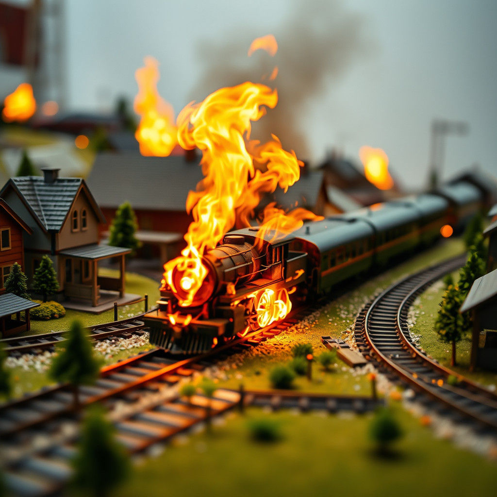 Burning Model Train Town in Photorealistic Style