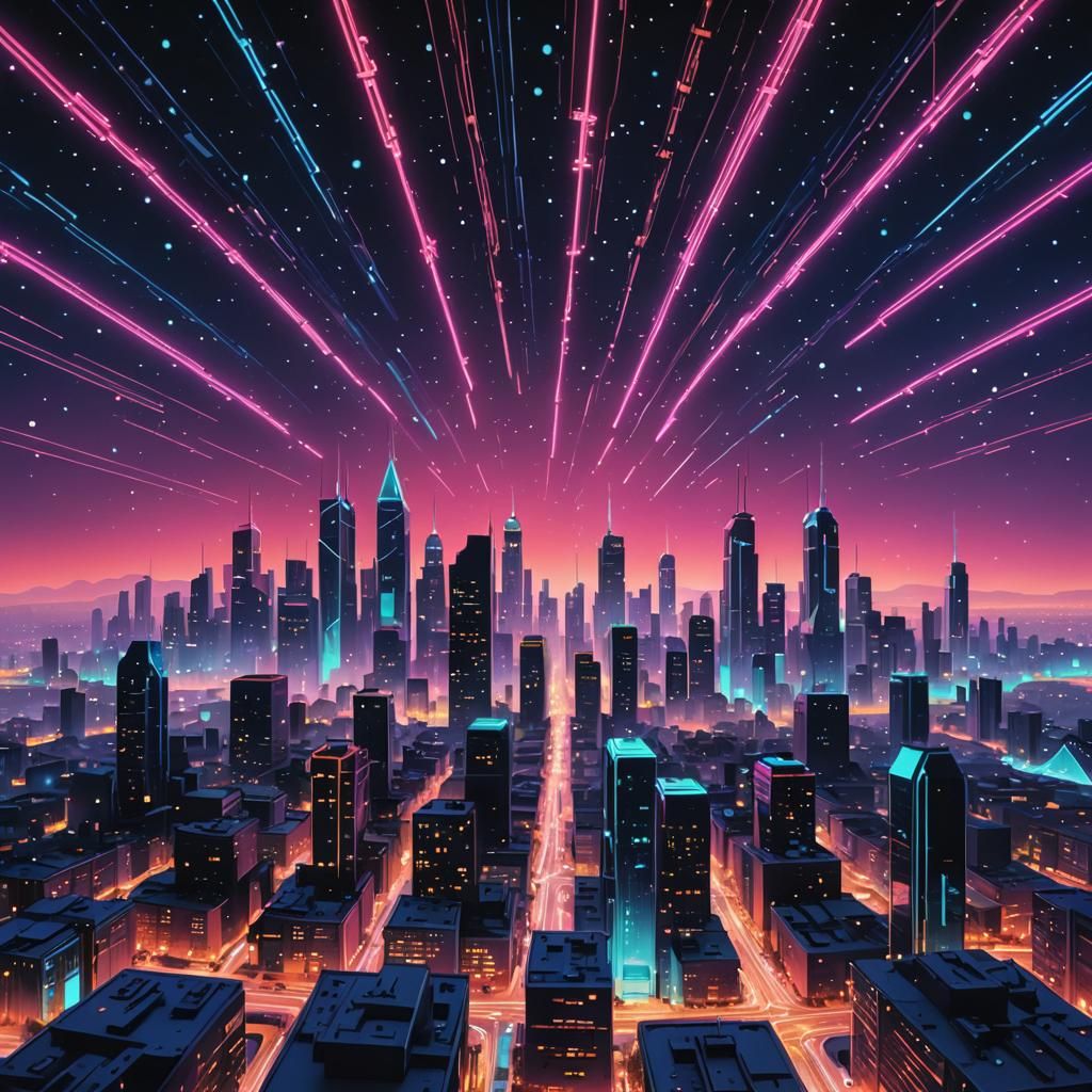 Neon cityscape beneath a starry sky.