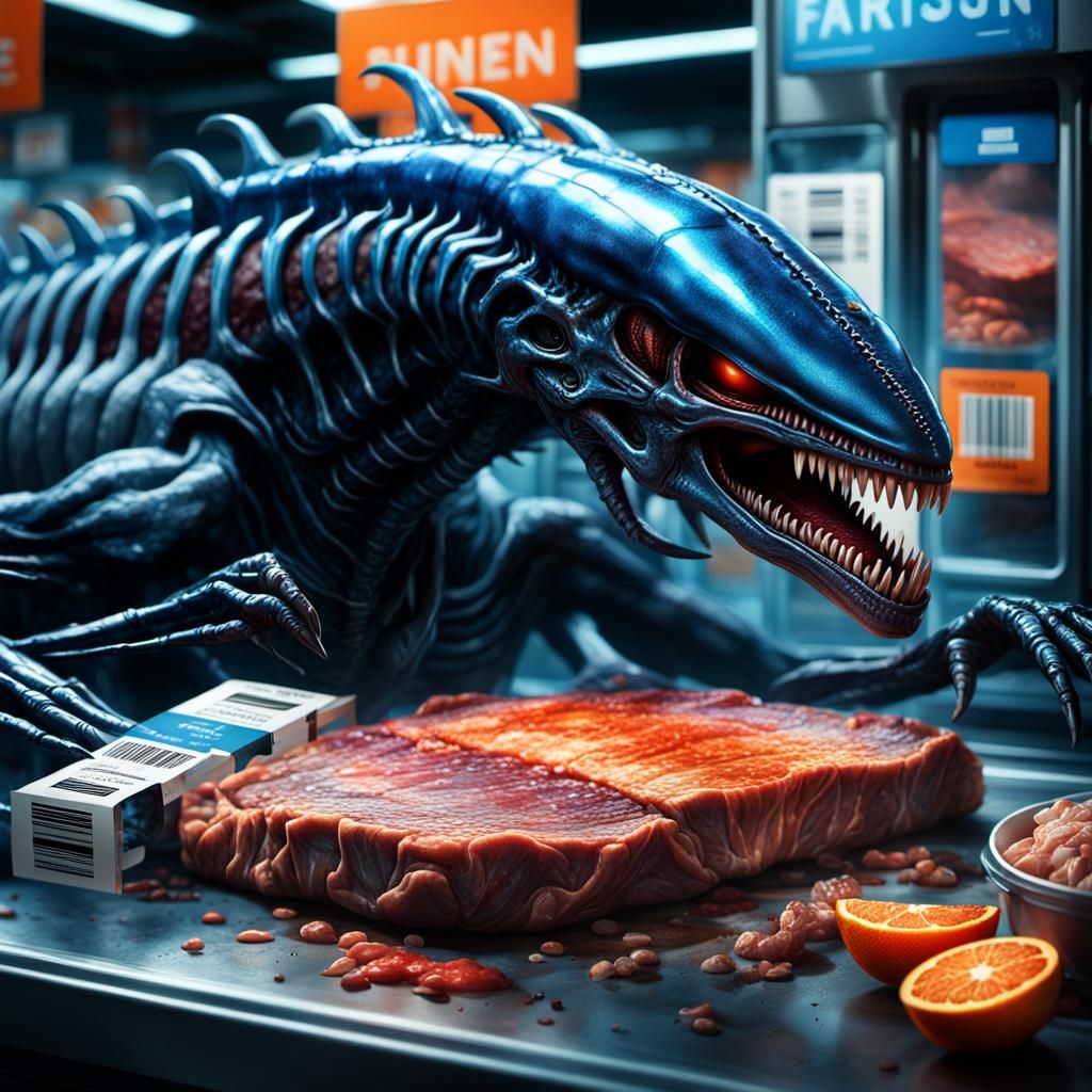 Packaged Alien Meat in Futuristic Supermarket