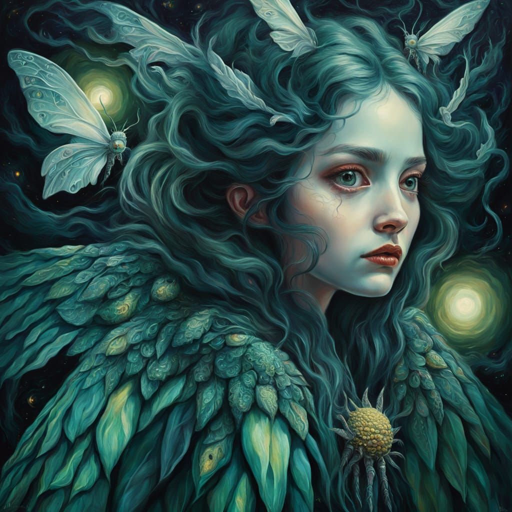 Mystic Moth Portrait in Surrealist Oil Painting Style