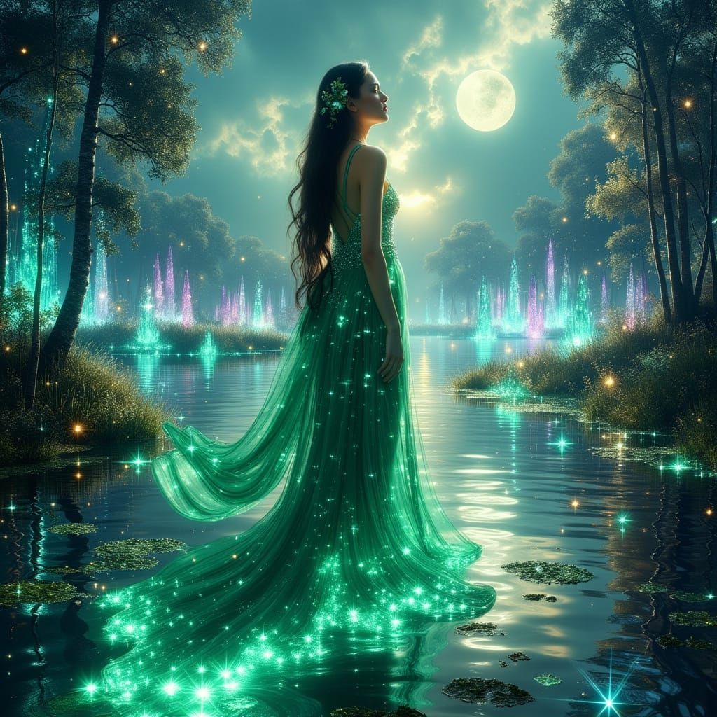 Serene Woman in Surreal Emerald River Landscape