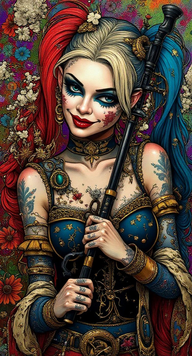 Harley Quinn Goddess Warrior in Pop Art Collage Style