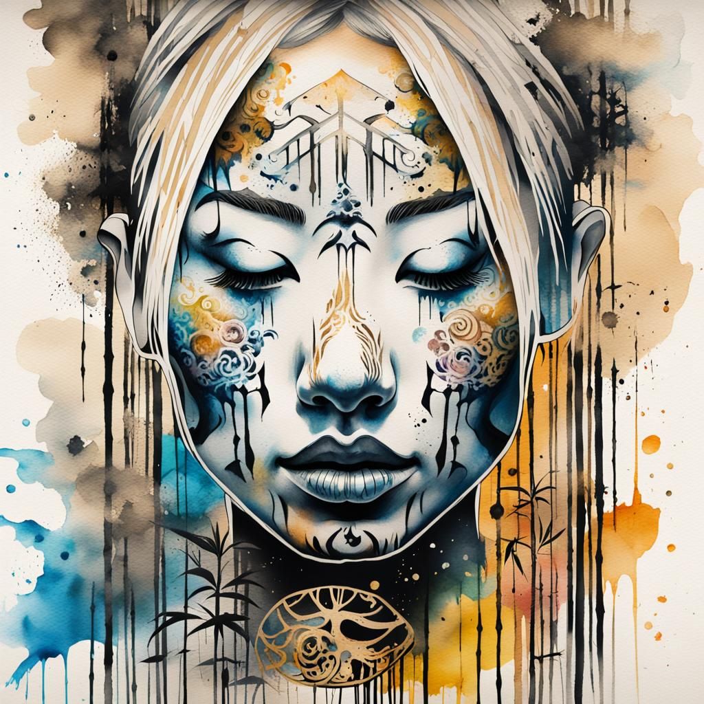 Surreal Tattoo Design of a Blonde Woman in Watercolor Style