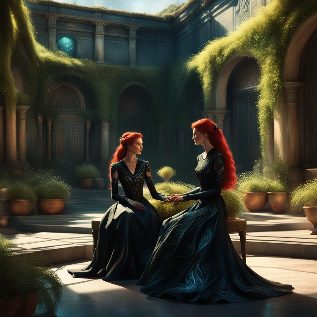 Elegant Red-Haired Women in Futuristic Courtyard