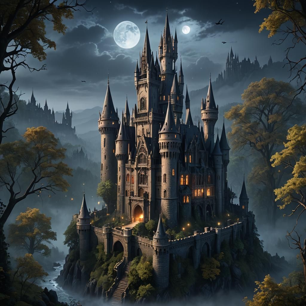 Enchanted Gothic Castle in Misty Forest: Detailed Matte Pain...
