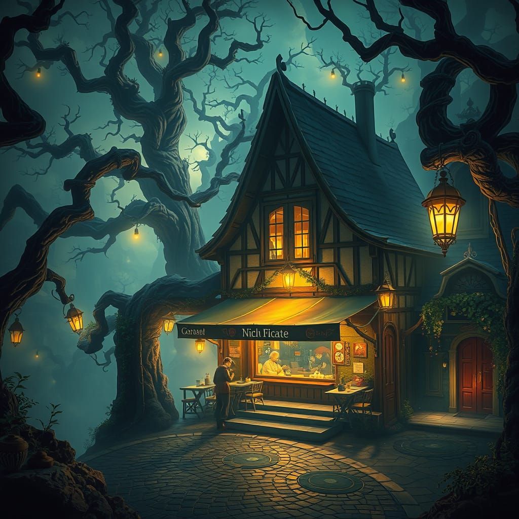 Enchanted Night Cafe in a Dreamlike Landscape
