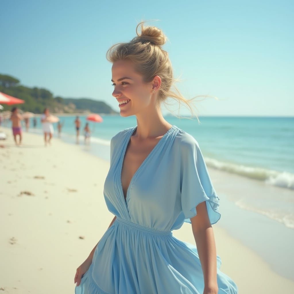 European Woman on Sunny Beach, Photorealistic Style