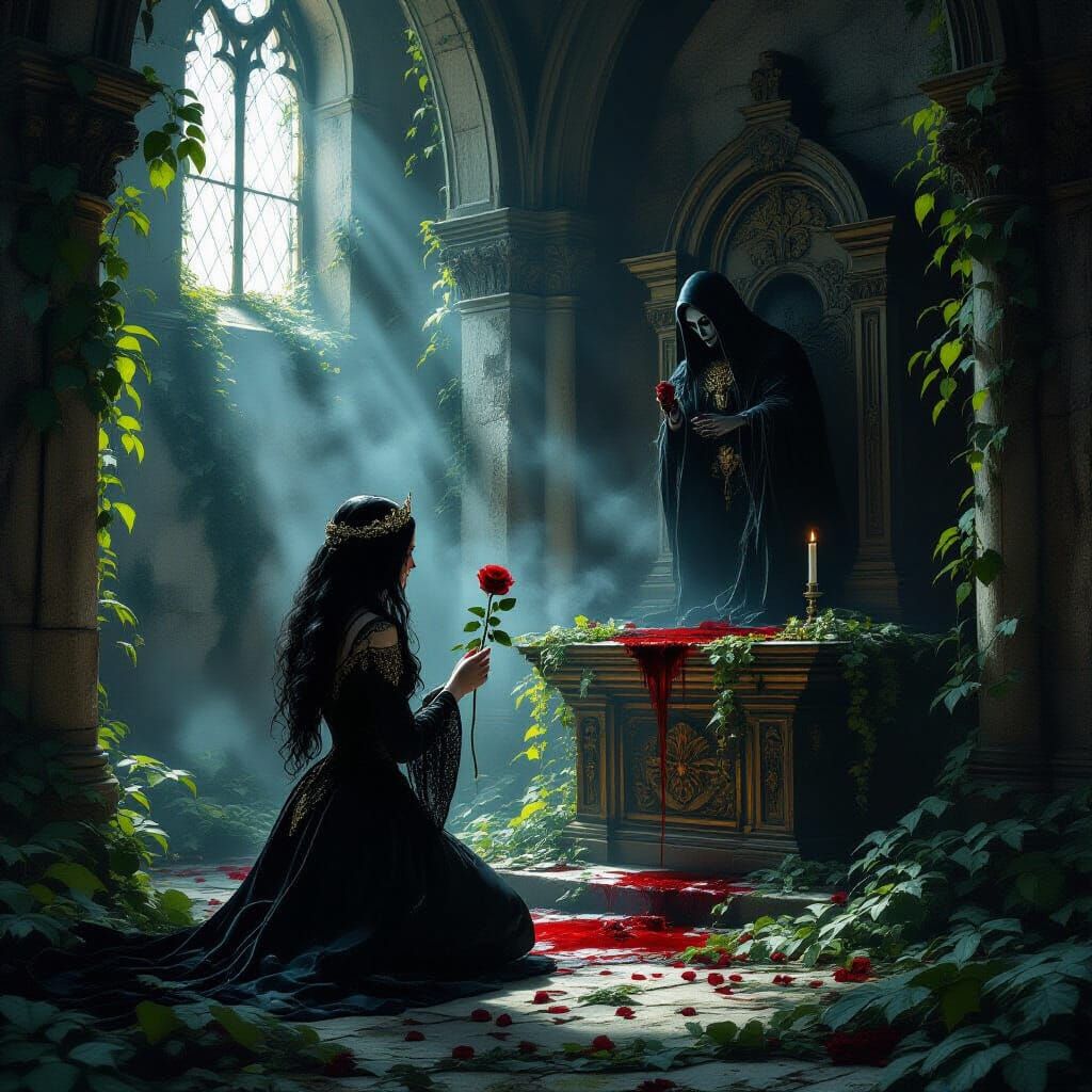 Gothic Princess at Altar in Classic Oil Painting Style