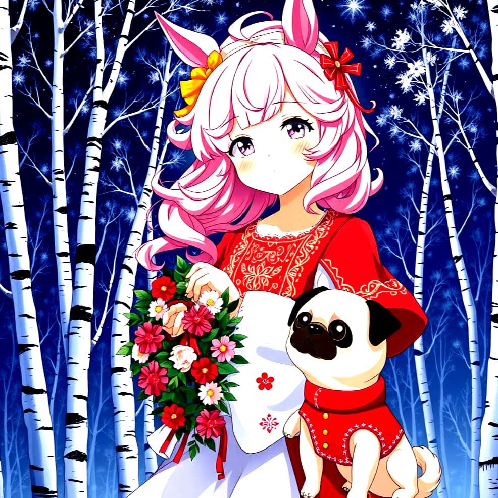 Surreal Anime Girl in Russian Folk Costume Stands Amongst Bi...