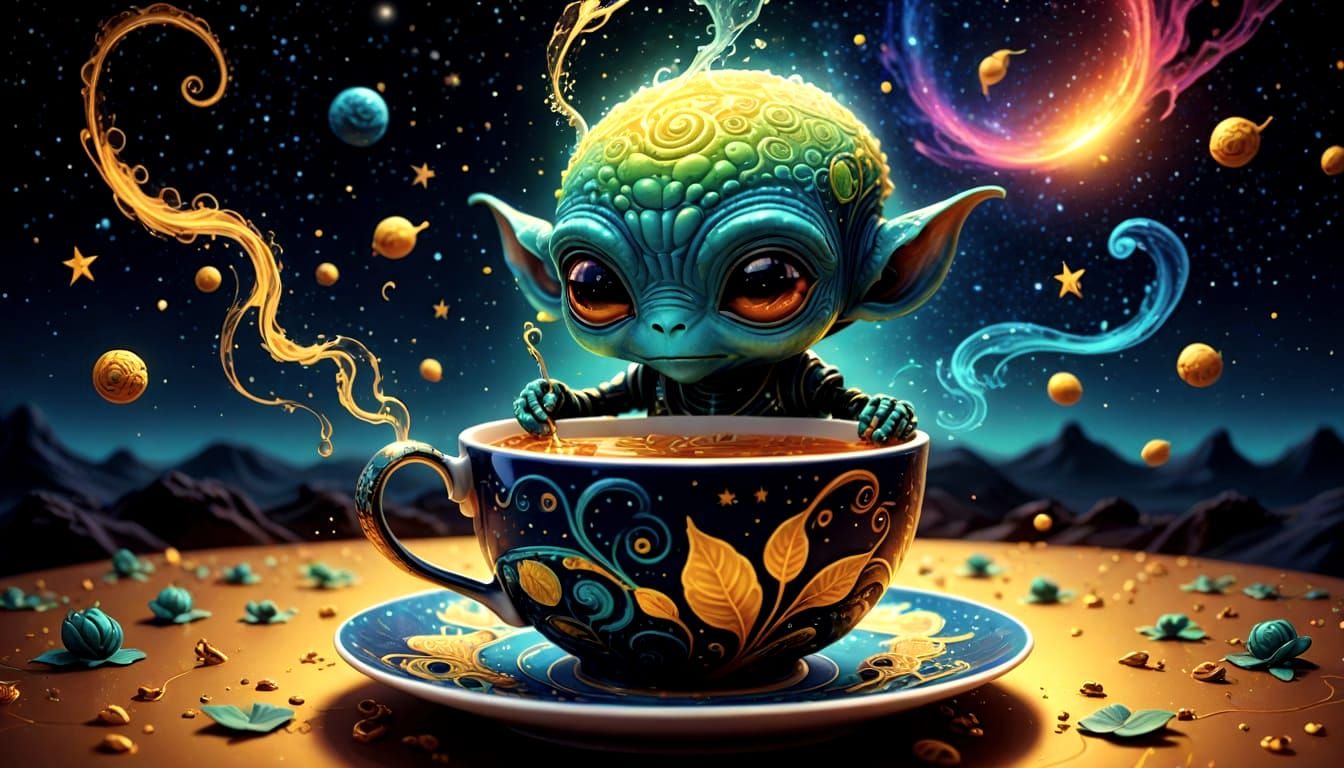 Alien Tea Time: Vibrant Pop Art Digital Rendering