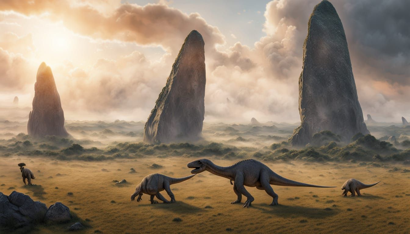 Hyper Realistic Dinosaurs Grazing at Menhirs